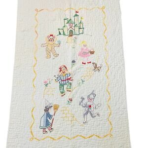 Vintage Wizard Of Oz Quilted Baby Blanket Cross Stictch Embroidered